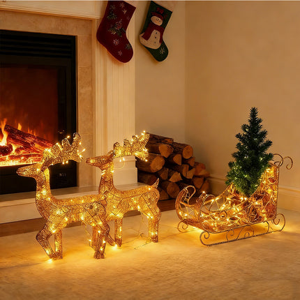 Solar-Powered Set of 3 Christmas Decoration Reindeer and Sleigh LED Yard Xmas