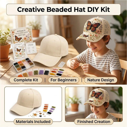 3D Beaded Orange Butterfly Hat DIY Kit Luxury Flocked Canvas Handmade Beadwork Gift Craft