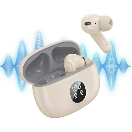 Cream White Wireless Bluetooth Earphones Headphones Earbuds with Mic Noise Cancellation