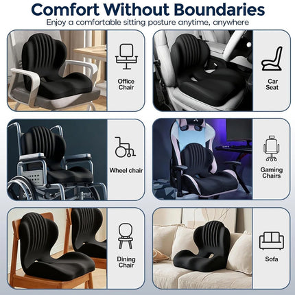 Black Memory Foam Seat Cushion w/Lumbar Support Pillow for Back & Sciatica Pain Relief