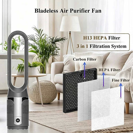 Black 2-in-1 Cooling & Heating Bladeless Tower Fan with Remote