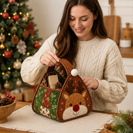 Christmas Elk DIY Quilted Fabric Christmas Handheld Basket Storage Basket for Gifts Candies AU