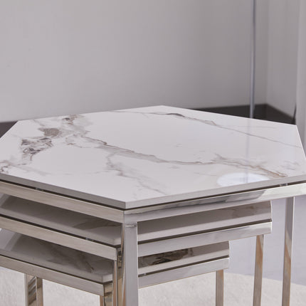 Set of 3 Hexagonal Nesting Tables - White Marble Top With Chrome Legs | Modern Living Room Side Coffee Tables