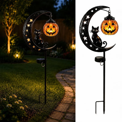 Solar Halloween Black Cat & Pumpkin Moon Garden Stake Light Hanging Lantern Lamp