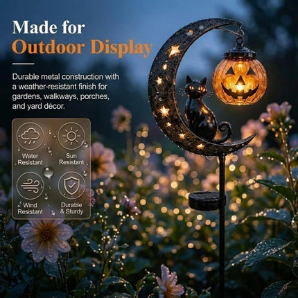 Solar Halloween Black Cat & Pumpkin Moon Garden Stake Light Hanging Lantern Lamp