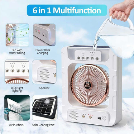 Portable Solar Air Fan Cooler With Humidifier Bluetooth Speaker Camping Light