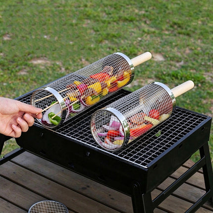 Rolling BBQ Grill Basket with Mesh Cage for Vegetables & Meat, Outdoor Barbecue Cylinder Net, Fits Most Grills