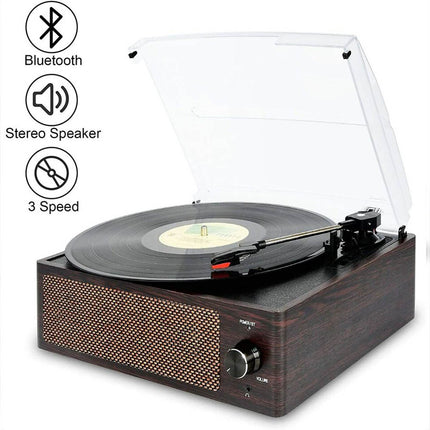 Bluetooth Vintage Vinyl Record Player Belt-Driven 3-Speed Turntable Aux Input Brown