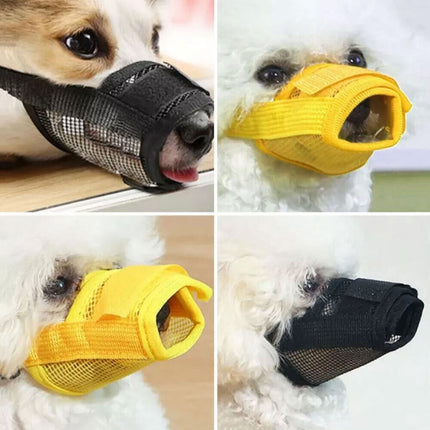 Yellow Pet Dog Adjustable Mask Bark Bite Mesh Mouth Muzzle Grooming