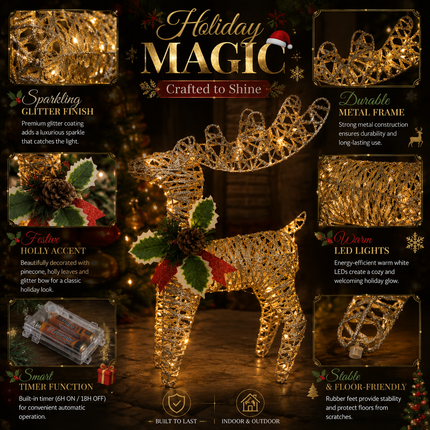60cm LED Glitter Reindeer Christmas Decoration Xmas Deer Ornament Indoor Outdoor