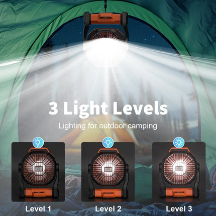 Portable LED Fan Camping Lights Rechargeable For Outdoor USB Tent Lamp With Hook Orange