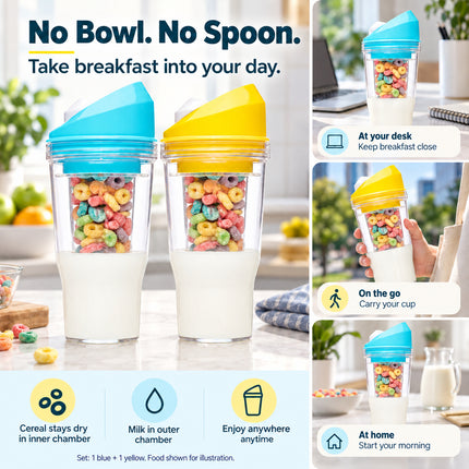 2 Set 600ml Cereal Cup with Milk Compartment Portable Breakfast Cup