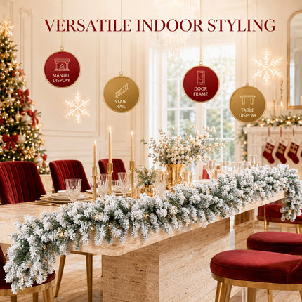 2.7m White Snow Flocked Christmas Garland Hanging Rattan Warm Light Indoor DIY Mantel Decor