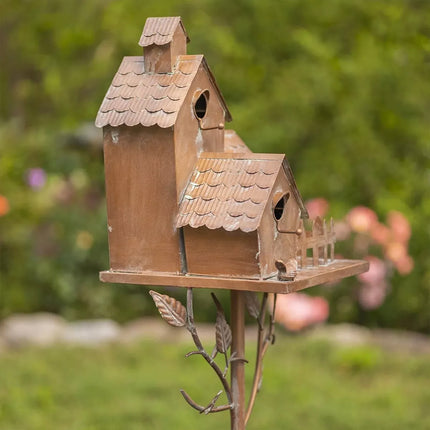 Outdoor Iron Birdhouse Garden Stakes - Metal Craft Bird House for Yard Decor D