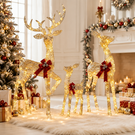 3-Piece Lighted Reindeer Family Christmas Decoration Set 210 Warm White LED Stag Doe Fawn with Solar Panel & AU Plug Detachable Champagne White Glitter Indoor Covered Outdoor Xmas Display