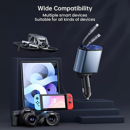120W 4-in-1 Retractable Car Charger Cable – Dual Port USB-C PD Fast Charging Ada