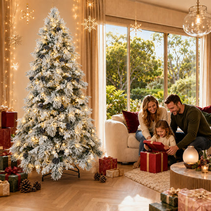 210cm Snow Flocked Christmas Tree Warm 330 LEDs Light Pre Lit Pine Cone Winter Xmas Decor
