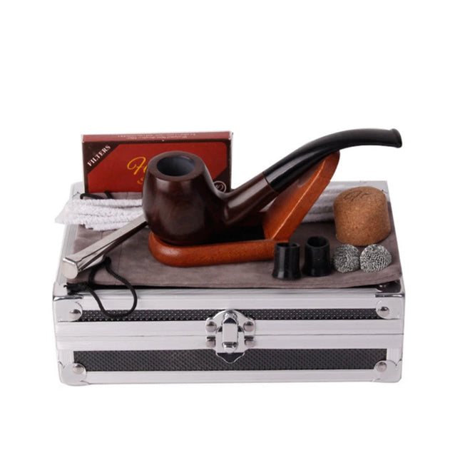 Classic Short Handle Curved Tobacco Pipe, Elegant Ebony Wood Smoking Set