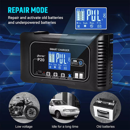 20A Automatic Lithium Battery Charger 12V/24V For Lifepo4 Lead-Acid AGM/Gel/SLA
