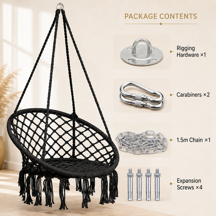 Black Boho Macrame Hammock Chair Hanging Swing Seat Indoor Outdoor Patio