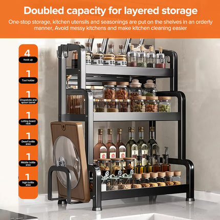 3 Tiers Kitchen Organiser Spice Rack Jar Shelves Storage Seasoning Stand Shelf Black