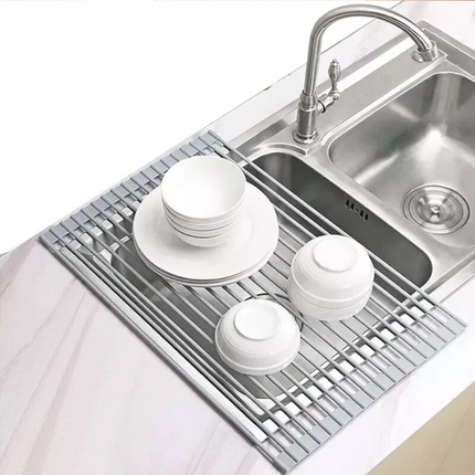 Roll Up Dish Rack Drainer Over Sink Stainless Steel Plate Holder Stand With Tray