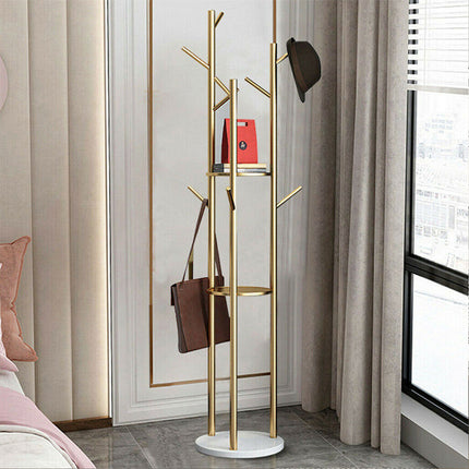 Golden Pole Tree Metal Coat Rack Stand Hooks Hanger Stable Marble Base Standing