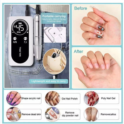 Professional Rechargeable Nail Drill File Machine 45000RPM Portable Electric
