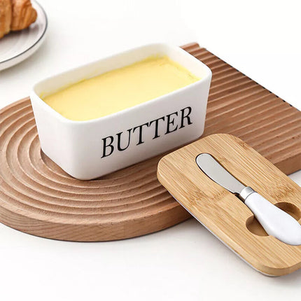 Ceramic Butter Dish Box Storage Tray Container w/ Bamboo Lid & Butter Cutter
