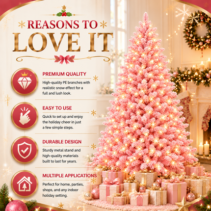 210cm 7FT Pink Snow Flocked Christmas Tree Pre-Lit With LED Light 350LED Warm White Xmas Decor