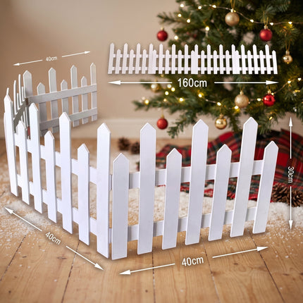 160cm White Wooden Christmas Tree Fence 4-Section Picket Holiday Decor Indoor Outdoor
