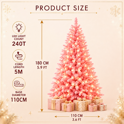 180cm 6FT Pink Snow Flocked Christmas Tree Pre-Lit With LED Light 240 LED Warm White Xmas Decor