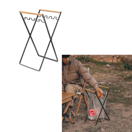 Portable Outdoor Folding Garbage Bag Rack Wooden Handle Trash Holder for Home