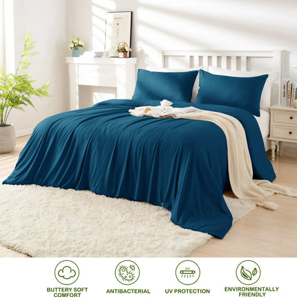 2000TC Bamboo Cooling Quilt Cover Set Silky Soft Touching Comfort For All Season Queen Biscay blue