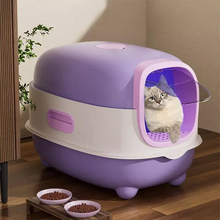 Large Fully Enclosed Cat Litter Box Lift Lid Odour Control Easy Clean Kitty Purple