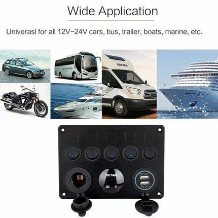 12V Switch Panel USB Charger 5 GANG ON-OFF Toggle LED Rocker for Car Boat Marine