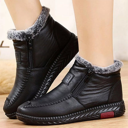 Women Waterproof Leather Warm Fleece Snow Ankle Boots Winter Non-slip Flat Shoes