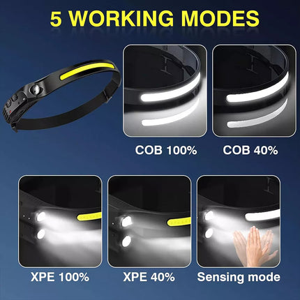 5Pcs 3COB Waterproof LED Motion Sensor Head Torch Headlight USB Rechargeable Headlamp