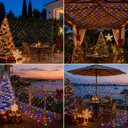 3M x 2M Solar Christmas Net Lights 240 LED Multicolour Outdoor Garden Curtain String Fairy Lights – 8 Modes