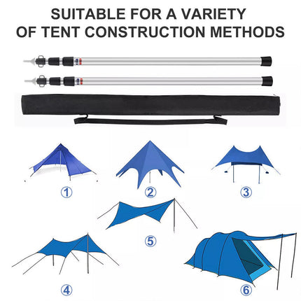 2X Kit Aluminum Camping Tarp Poles Telescoping Tent Pole Adjustable 90cm-230cm ALL set(Poles+Ropes+Pegs+Bags)