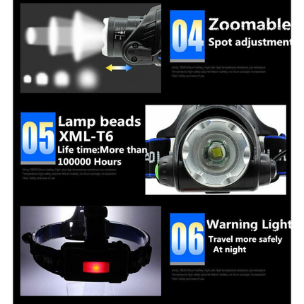 350000LM LED Headlamp Zoom Rechargeable T6 Headlight Flashlight Head Torch