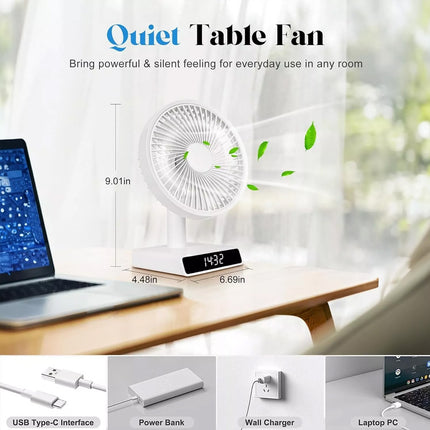 9 Inch USB Rechargeable Desk Table Fan Auto Moving heads w/ Clock Time Display
