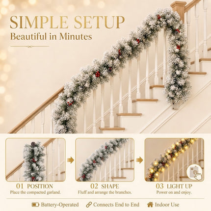 270cm Lush Snow Flocked Christmas Garland Pre-Lit LED Berry Pinecone Battery