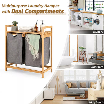 Laundry Baskets Hamper Bamboo Shelf w/ 2 Sliding Washing Clothes Bags