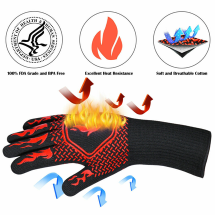 2x Heat Proof Resistant Oven BBQ Gloves 35cm Kitchen Cooking Silicone Mitt Black
