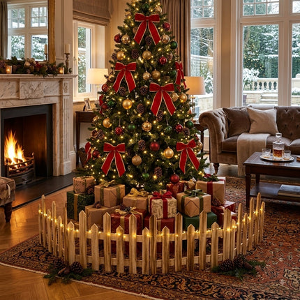 160cm Natural Wood Painted Christmas Tree Fence – 4-Section Wooden DIY Holiday Border
