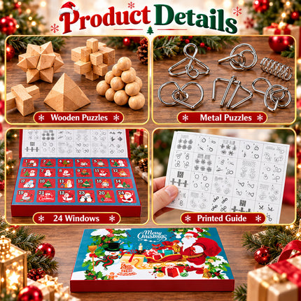 Brain Teaser Advent Calendar 2026 Christmas 3D Puzzle Toy 24 Days Countdown Wooden Metal Gift Kids