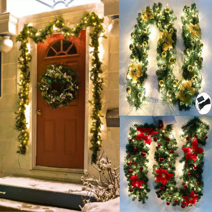 2.7M Christmas Garland with Lights / Flower /Pinecone Xmas Home Stairs Fireplace Red with Lights