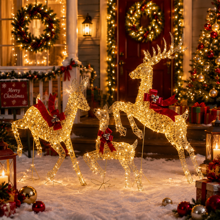 3-Piece Lighted Christmas Prancing Reindeer Family Gold Prancing Outdoor Display Stag Doe Fawn Outdoor Xmas Deer Set with Solar Panel AU Plug