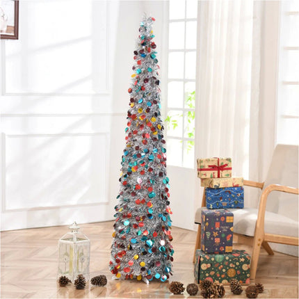 Foldable Christmas Tree Retractable Tinsel Tree Holiday Decor Silver and colors